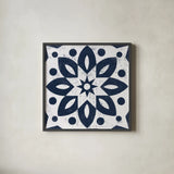 Blue and White Tile I by Kathrine Lovell. Shown in a sleek black glass frame for a contemporary gallery look. Available as an archival giclee rolled canvas, fine art paper, or poster print. SKU 59158a.