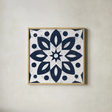 Blue and White Tile I by Kathrine Lovell. Shown in a natural wood glass frame for a timeless modern aesthetic. Available as an archival giclee rolled canvas, fine art paper, or poster print. SKU 59158a.