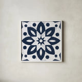 Blue and White Tile I by Kathrine Lovell. Shown in a crisp white glass frame for a clean and minimalist style. Available as an archival giclee rolled canvas, fine art paper, or poster print. SKU 59158a.