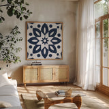 Blue and White Tile I by Kathrine Lovell. Shown in a natural wood frame in a cozy modern living room. Available as an archival giclee rolled canvas, fine art paper, or poster print. SKU 59158a.