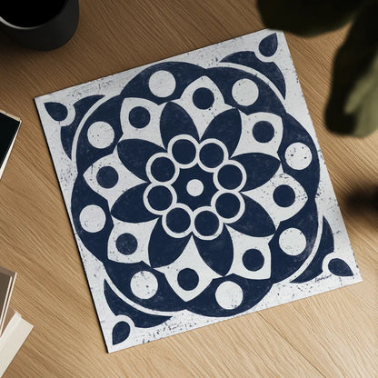 Blue and White Tile II by Kathrine Lovell. Shown as a detailed flat fine art print, highlighting archival giclee quality. Available as an archival giclee rolled canvas, fine art paper, or poster print. SKU 59159a.
