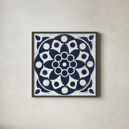 Blue and White Tile II by Kathrine Lovell. Shown in a sleek black glass frame for a contemporary gallery look. Available as an archival giclee rolled canvas, fine art paper, or poster print. SKU 59159a.