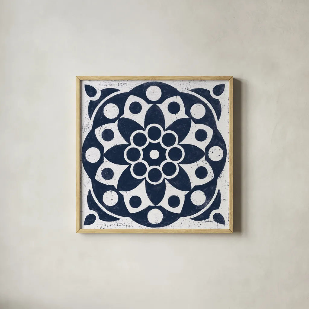 Blue and White Tile II by Kathrine Lovell. Shown in a natural wood glass frame for a timeless modern aesthetic. Available as an archival giclee rolled canvas, fine art paper, or poster print. SKU 59159a.