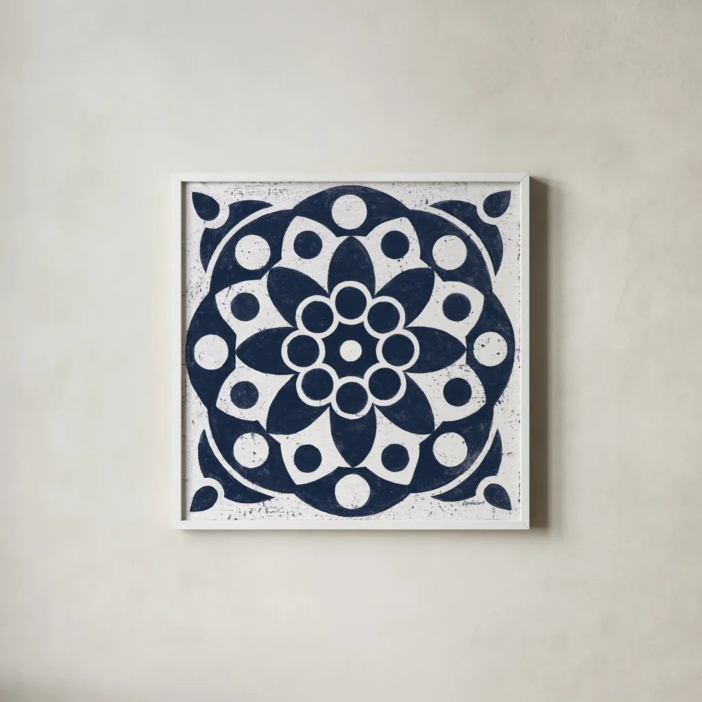 Blue and White Tile II by Kathrine Lovell. Shown in a crisp white glass frame for a clean and minimalist style. Available as an archival giclee rolled canvas, fine art paper, or poster print. SKU 59159a.