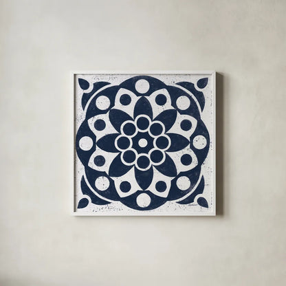 Blue and White Tile II by Kathrine Lovell. Shown in a crisp white glass frame for a clean and minimalist style. Available as an archival giclee rolled canvas, fine art paper, or poster print. SKU 59159a.