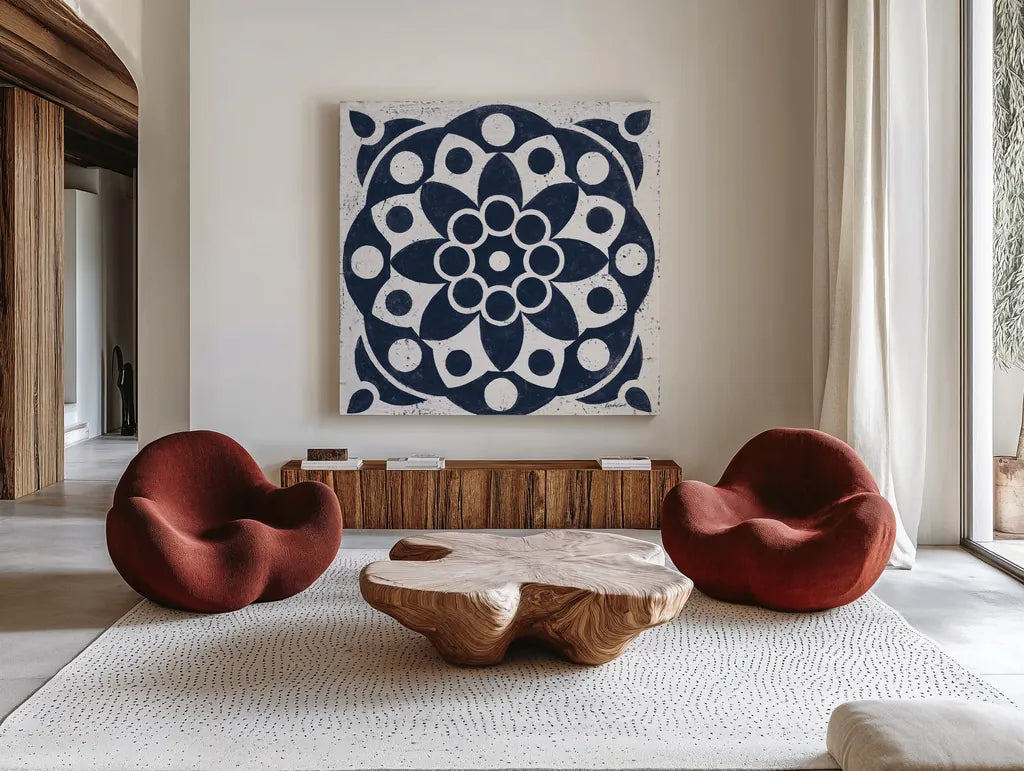 Blue and White Tile II by Kathrine Lovell. Shown as extra-large giant wall art in a modern living room. Available as an archival giclee rolled canvas, fine art paper, or poster print. SKU 59159a.