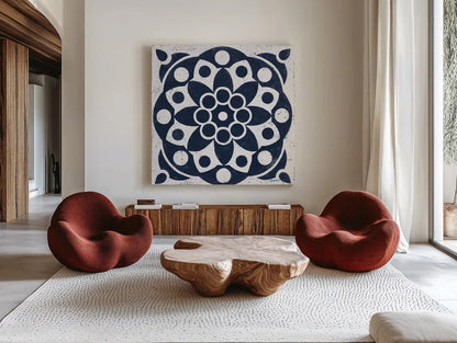 Blue and White Tile II by Kathrine Lovell. Shown as extra-large giant wall art in a modern living room. Available as an archival giclee rolled canvas, fine art paper, or poster print. SKU 59159a.