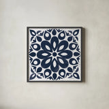 Blue and White Tile III by Kathrine Lovell. Shown in a sleek black glass frame for a contemporary gallery look. Available as an archival giclee rolled canvas, fine art paper, or poster print. SKU 59160a.