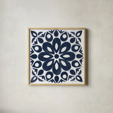 Blue and White Tile III by Kathrine Lovell. Shown in a natural wood glass frame for a timeless modern aesthetic. Available as an archival giclee rolled canvas, fine art paper, or poster print. SKU 59160a.