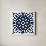 Blue and White Tile III by Kathrine Lovell. Shown in a crisp white glass frame for a clean and minimalist style. Available as an archival giclee rolled canvas, fine art paper, or poster print. SKU 59160a.