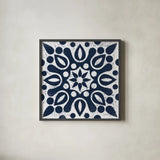 Blue and White Tile IV by Kathrine Lovell. Shown in a sleek black glass frame for a contemporary gallery look. Available as an archival giclee rolled canvas, fine art paper, or poster print. SKU 59161a.