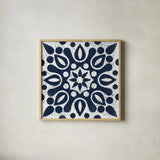 Blue and White Tile IV by Kathrine Lovell. Shown in a natural wood glass frame for a timeless modern aesthetic. Available as an archival giclee rolled canvas, fine art paper, or poster print. SKU 59161a.