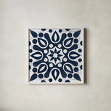 Blue and White Tile IV by Kathrine Lovell. Shown in a crisp white glass frame for a clean and minimalist style. Available as an archival giclee rolled canvas, fine art paper, or poster print. SKU 59161a.