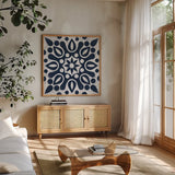 Blue and White Tile IV by Kathrine Lovell. Shown in a natural wood frame in a cozy modern living room. Available as an archival giclee rolled canvas, fine art paper, or poster print. SKU 59161a.