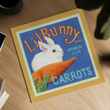 Carrots by Kathrine Lovell. Shown as a detailed flat fine art print, highlighting archival giclee quality. Available as an archival giclee rolled canvas, fine art paper, or poster print. SKU 43331a.