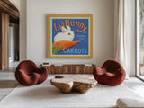 Carrots by Kathrine Lovell. Shown as extra-large giant wall art in a modern living room. Available as an archival giclee rolled canvas, fine art paper, or poster print. SKU 43331a.