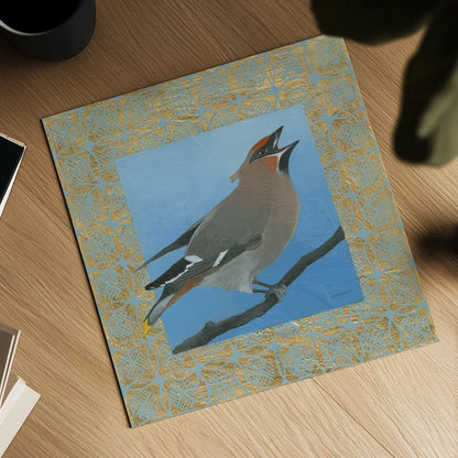 Cedar Waxwing by Kathrine Lovell. Shown as a detailed flat fine art print, highlighting archival giclee quality. Available as an archival giclee rolled canvas, fine art paper, or poster print. SKU 24444a.