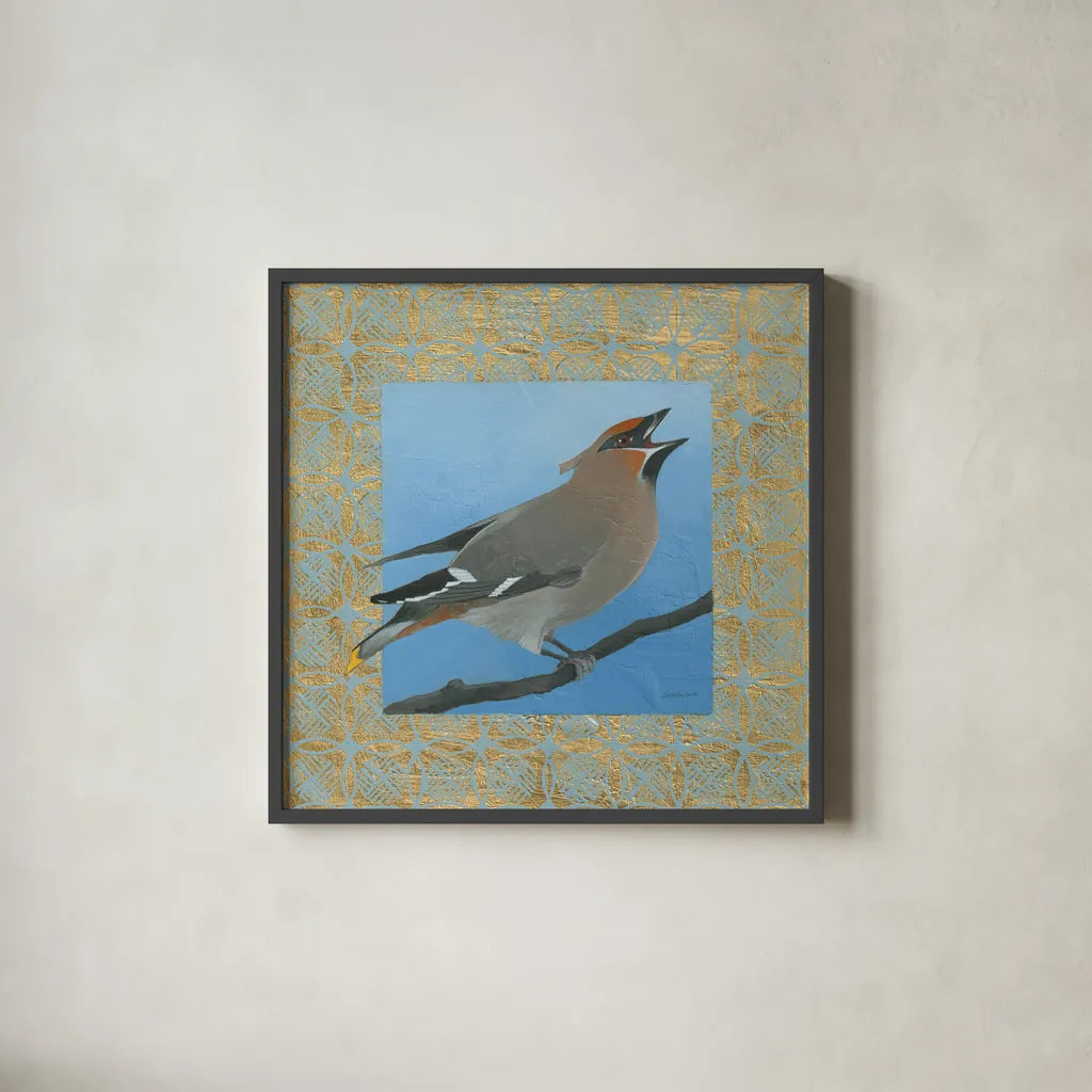Cedar Waxwing by Kathrine Lovell. Shown in a sleek black glass frame for a contemporary gallery look. Available as an archival giclee rolled canvas, fine art paper, or poster print. SKU 24444a.
