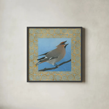 Cedar Waxwing by Kathrine Lovell. Shown in a sleek black glass frame for a contemporary gallery look. Available as an archival giclee rolled canvas, fine art paper, or poster print. SKU 24444a.