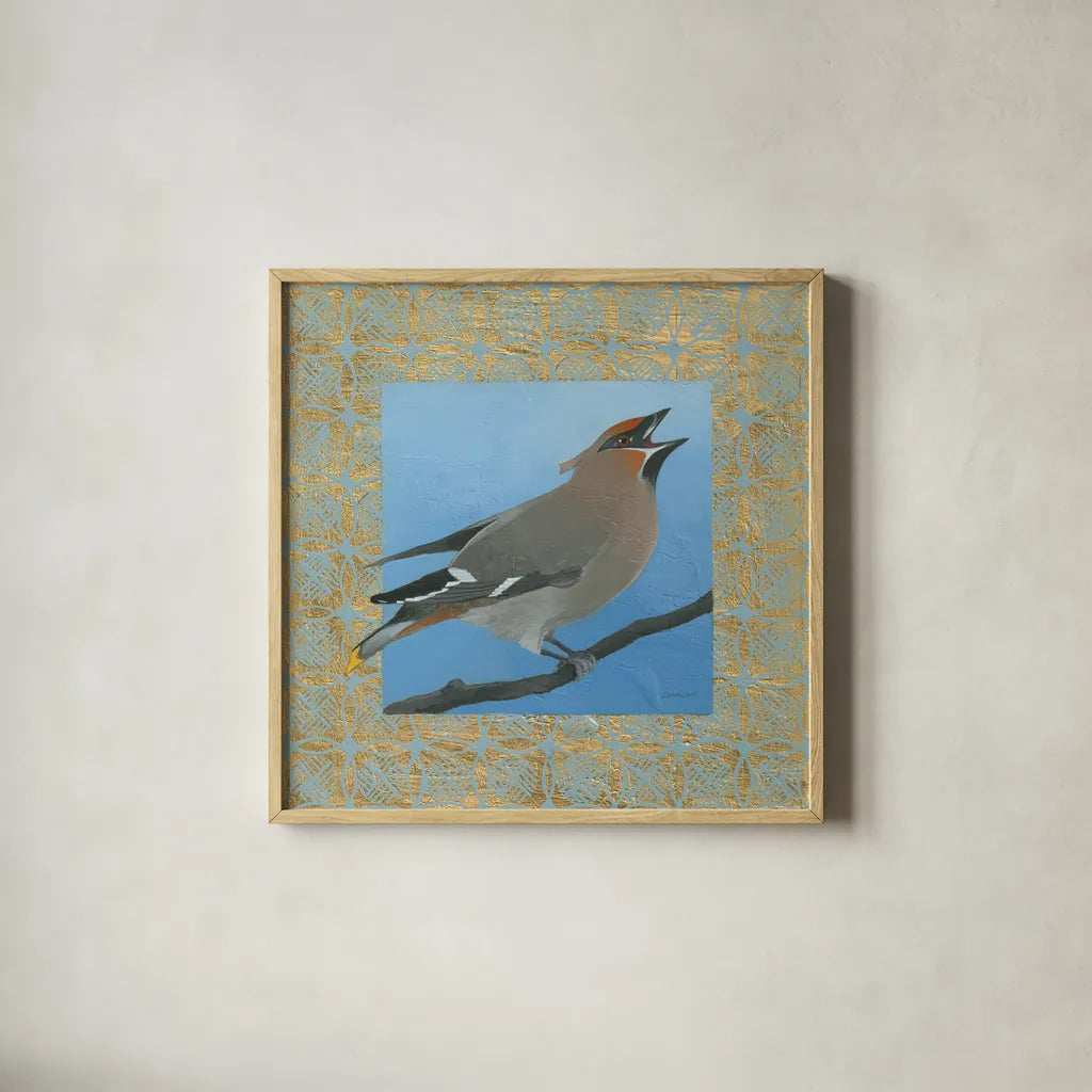 Cedar Waxwing by Kathrine Lovell. Shown in a natural wood glass frame for a timeless modern aesthetic. Available as an archival giclee rolled canvas, fine art paper, or poster print. SKU 24444a.