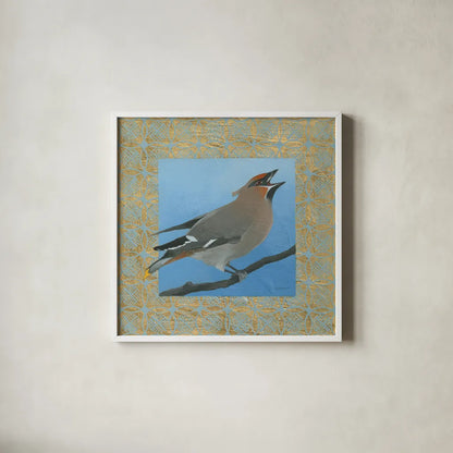 Cedar Waxwing by Kathrine Lovell. Shown in a crisp white glass frame for a clean and minimalist style. Available as an archival giclee rolled canvas, fine art paper, or poster print. SKU 24444a.