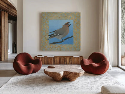 Cedar Waxwing by Kathrine Lovell. Shown as extra-large giant wall art in a modern living room. Available as an archival giclee rolled canvas, fine art paper, or poster print. SKU 24444a.