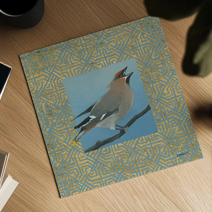 Cedar Waxwing Border by Kathrine Lovell. Shown as a detailed flat fine art print, highlighting archival giclee quality. Available as an archival giclee rolled canvas, fine art paper, or poster print. SKU 24565a.