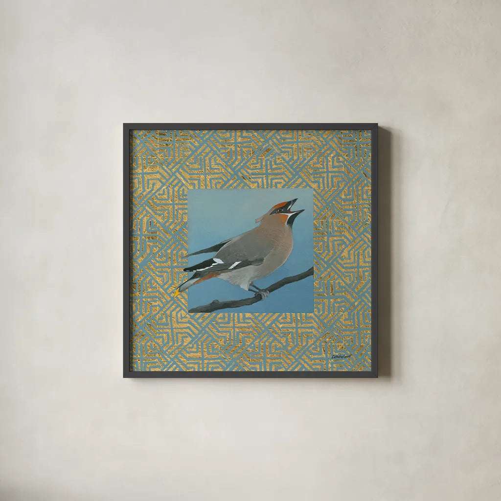 Cedar Waxwing Border by Kathrine Lovell. Shown in a sleek black glass frame for a contemporary gallery look. Available as an archival giclee rolled canvas, fine art paper, or poster print. SKU 24565a.