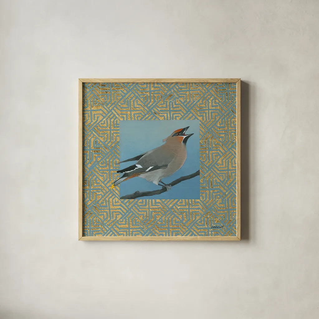 Cedar Waxwing Border by Kathrine Lovell. Shown in a natural wood glass frame for a timeless modern aesthetic. Available as an archival giclee rolled canvas, fine art paper, or poster print. SKU 24565a.