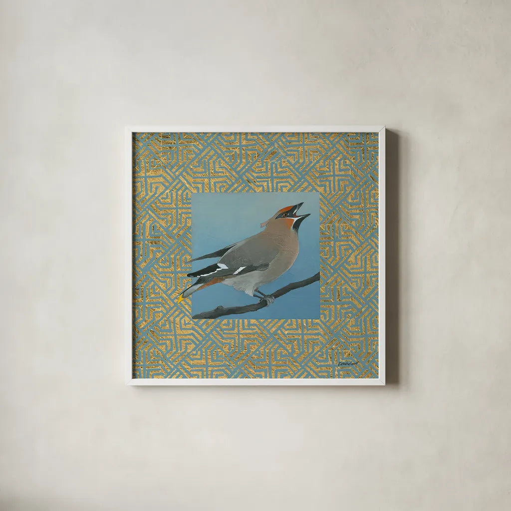 Cedar Waxwing Border by Kathrine Lovell. Shown in a crisp white glass frame for a clean and minimalist style. Available as an archival giclee rolled canvas, fine art paper, or poster print. SKU 24565a.