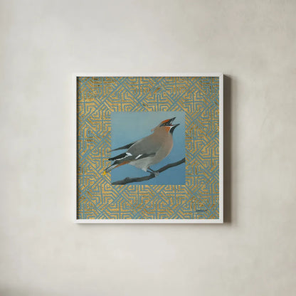 Cedar Waxwing Border by Kathrine Lovell. Shown in a crisp white glass frame for a clean and minimalist style. Available as an archival giclee rolled canvas, fine art paper, or poster print. SKU 24565a.