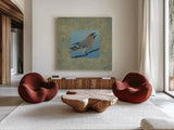 Cedar Waxwing Border by Kathrine Lovell. Shown as extra-large giant wall art in a modern living room. Available as an archival giclee rolled canvas, fine art paper, or poster print. SKU 24565a.