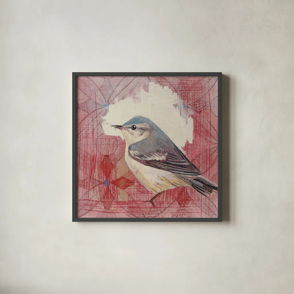 Cerulean Warbler by Kathrine Lovell. Shown in a sleek black glass frame for a contemporary gallery look. Available as an archival giclee rolled canvas, fine art paper, or poster print. SKU 43542a.