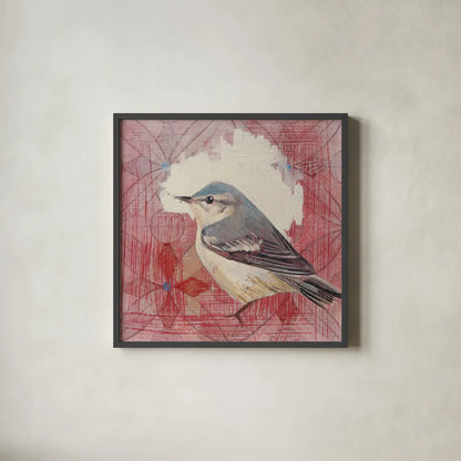 Cerulean Warbler by Kathrine Lovell. Shown in a sleek black glass frame for a contemporary gallery look. Available as an archival giclee rolled canvas, fine art paper, or poster print. SKU 43542a.