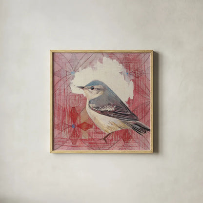 Cerulean Warbler by Kathrine Lovell. Shown in a natural wood glass frame for a timeless modern aesthetic. Available as an archival giclee rolled canvas, fine art paper, or poster print. SKU 43542a.