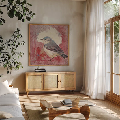 Cerulean Warbler by Kathrine Lovell. Shown in a natural wood frame in a cozy modern living room. Available as an archival giclee rolled canvas, fine art paper, or poster print. SKU 43542a.