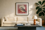 Cerulean Warbler by Kathrine Lovell. Displayed in a glass frame with matte in a clean modern living room. Available as an archival giclee rolled canvas, fine art paper, or poster print. SKU 43542a.