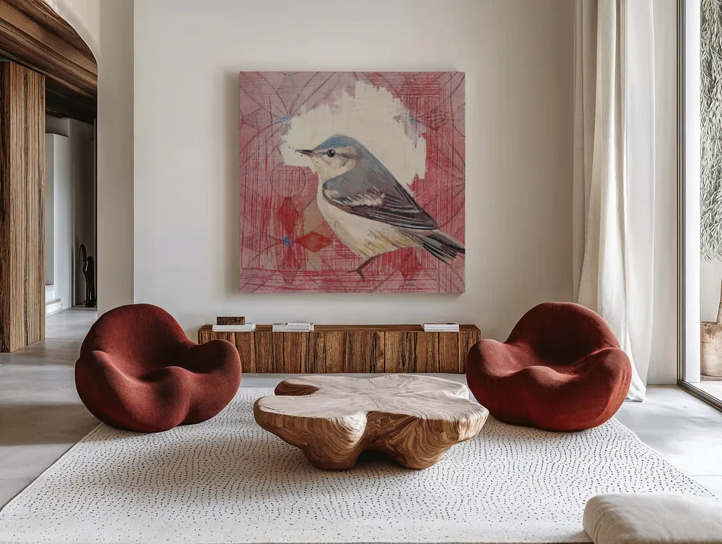 Cerulean Warbler by Kathrine Lovell. Shown as extra-large giant wall art in a modern living room. Available as an archival giclee rolled canvas, fine art paper, or poster print. SKU 43542a.