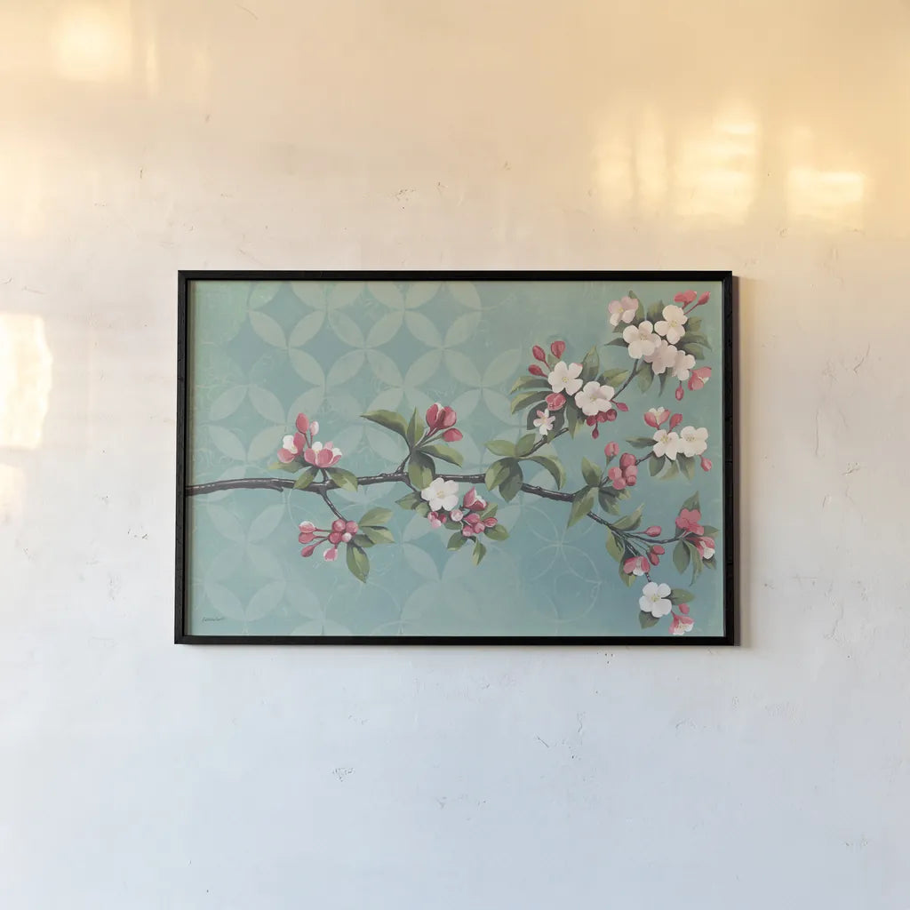 Cherry Blossoms by Kathrine Lovell. shown as a paper print in a black flame. Available as a archival giclee rolled canvas, fine art paper, or poster print. SKU 22608i.