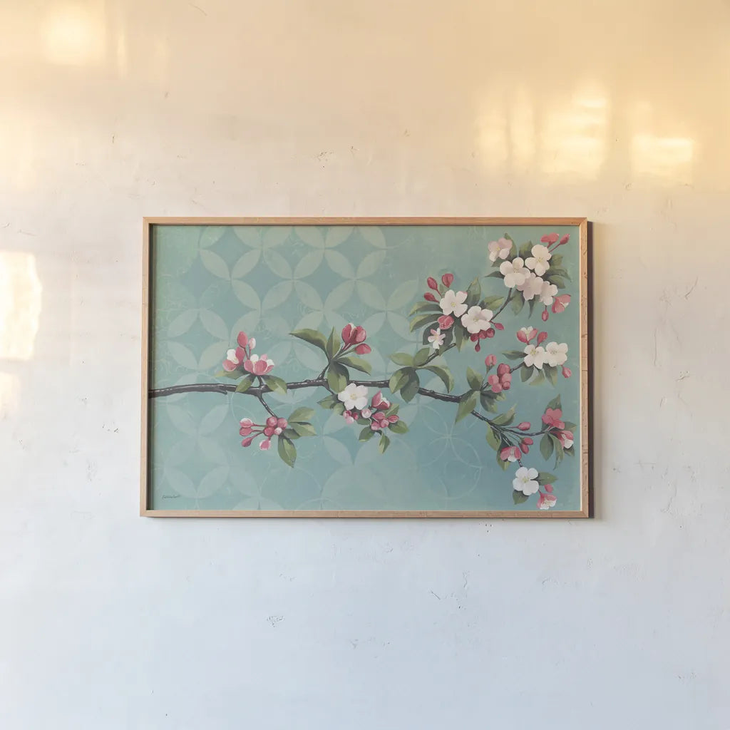Cherry Blossoms by Kathrine Lovell. shown as a paper print in a natural frame. Available as a archival giclee rolled canvas, fine art paper, or poster print. SKU 22608i.