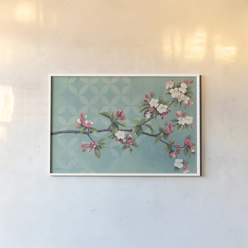 Cherry Blossoms by Kathrine Lovell. shown as a paper print in a white frame. Available as a archival giclee rolled canvas, fine art paper, or poster print. SKU 22608i.