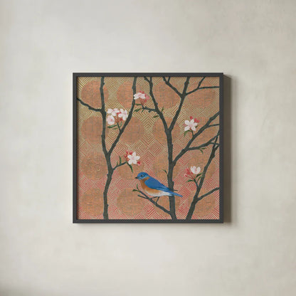 Cherry Blossoms I by Kathrine Lovell. Shown in a sleek black glass frame for a contemporary gallery look. Available as an archival giclee rolled canvas, fine art paper, or poster print. SKU 24338a.