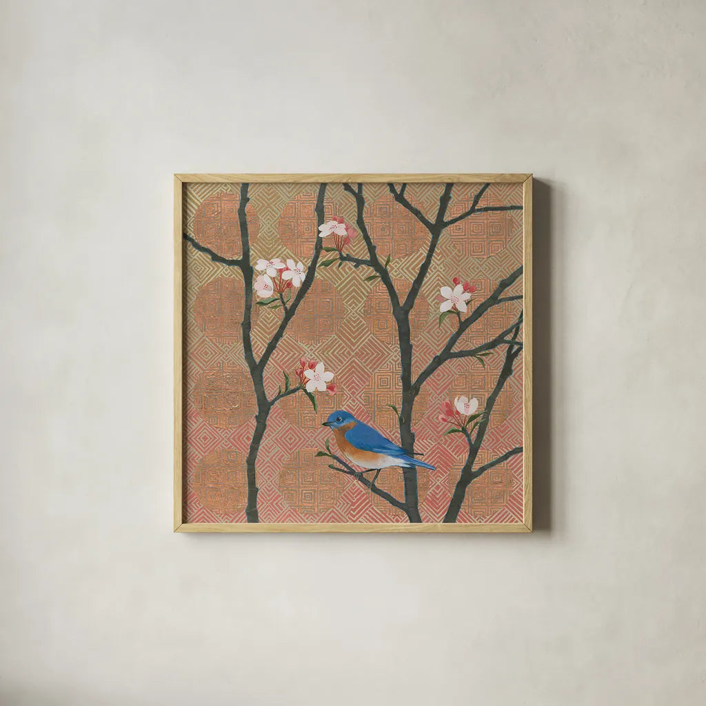Cherry Blossoms I by Kathrine Lovell. Shown in a natural wood glass frame for a timeless modern aesthetic. Available as an archival giclee rolled canvas, fine art paper, or poster print. SKU 24338a.