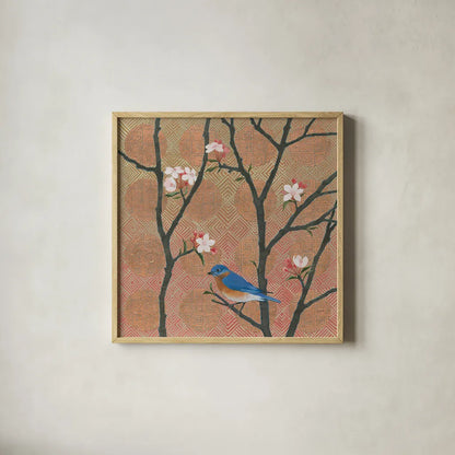 Cherry Blossoms I by Kathrine Lovell. Shown in a natural wood glass frame for a timeless modern aesthetic. Available as an archival giclee rolled canvas, fine art paper, or poster print. SKU 24338a.