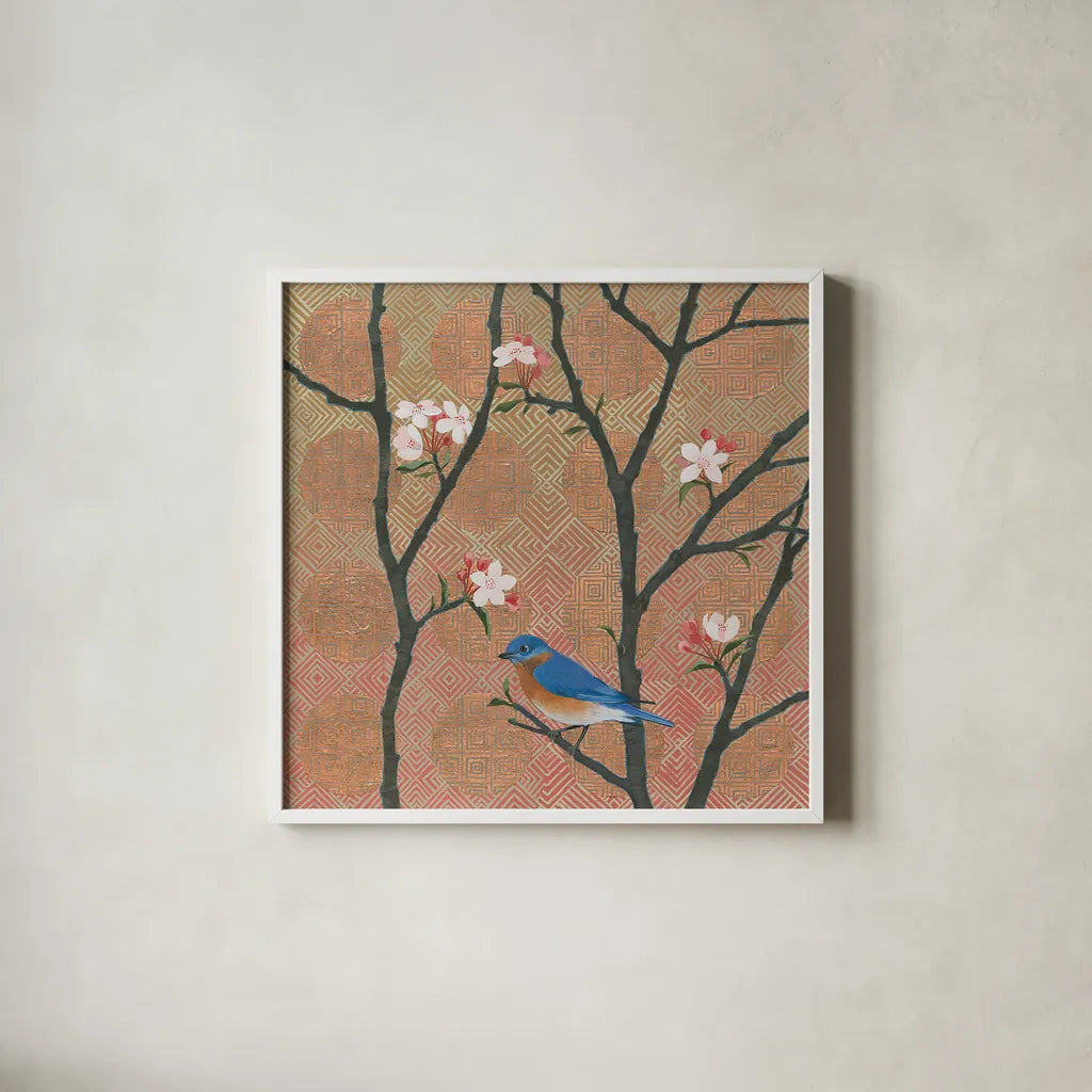 Cherry Blossoms I by Kathrine Lovell. Shown in a crisp white glass frame for a clean and minimalist style. Available as an archival giclee rolled canvas, fine art paper, or poster print. SKU 24338a.