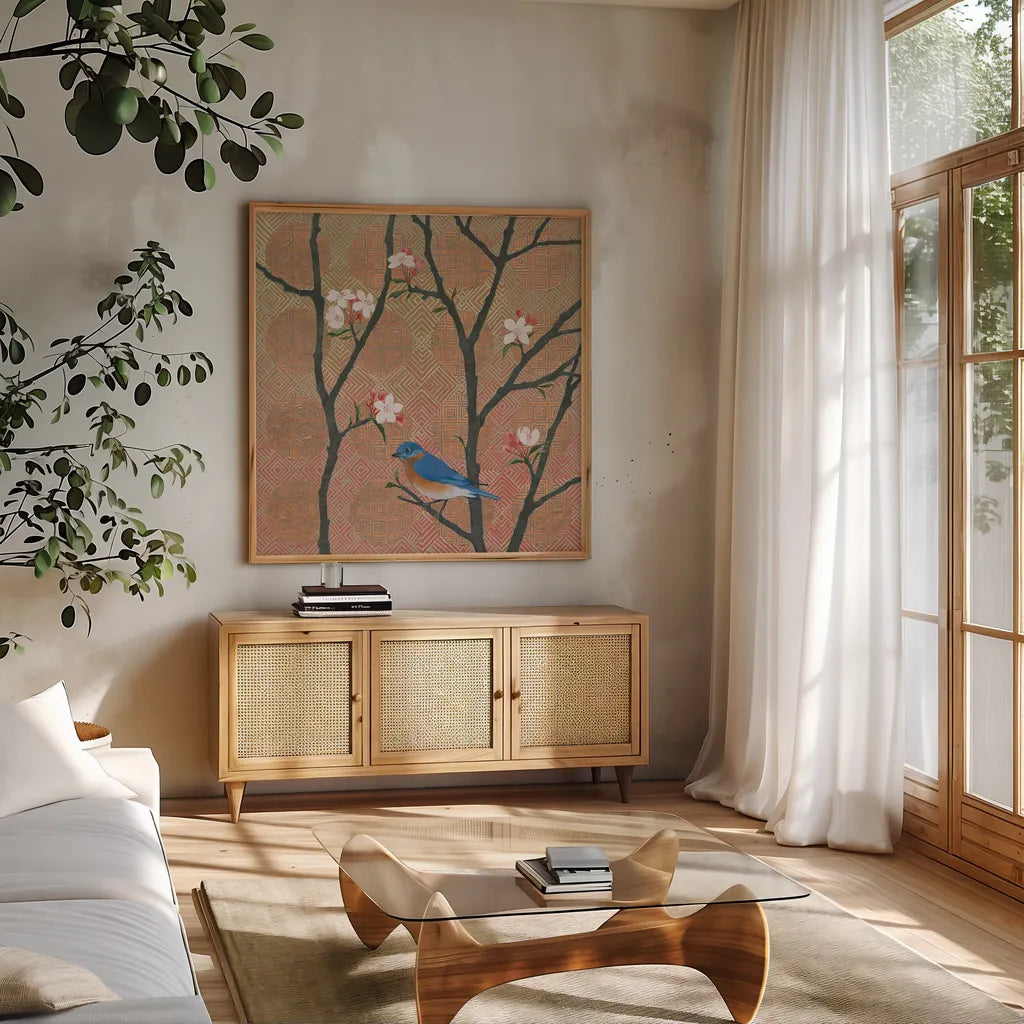 Cherry Blossoms I by Kathrine Lovell. Shown in a natural wood frame in a cozy modern living room. Available as an archival giclee rolled canvas, fine art paper, or poster print. SKU 24338a.