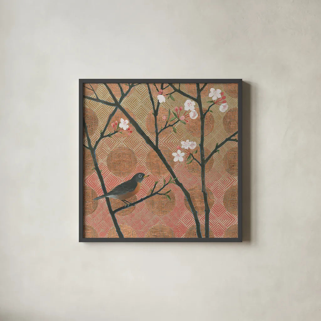 Cherry Blossoms II by Kathrine Lovell. Shown in a sleek black glass frame for a contemporary gallery look. Available as an archival giclee rolled canvas, fine art paper, or poster print. SKU 24339a.