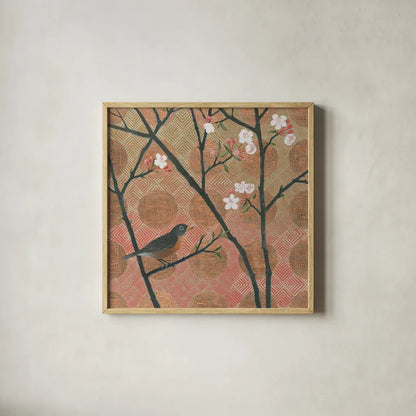 Cherry Blossoms II by Kathrine Lovell. Shown in a natural wood glass frame for a timeless modern aesthetic. Available as an archival giclee rolled canvas, fine art paper, or poster print. SKU 24339a.