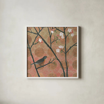 Cherry Blossoms II by Kathrine Lovell. Shown in a crisp white glass frame for a clean and minimalist style. Available as an archival giclee rolled canvas, fine art paper, or poster print. SKU 24339a.