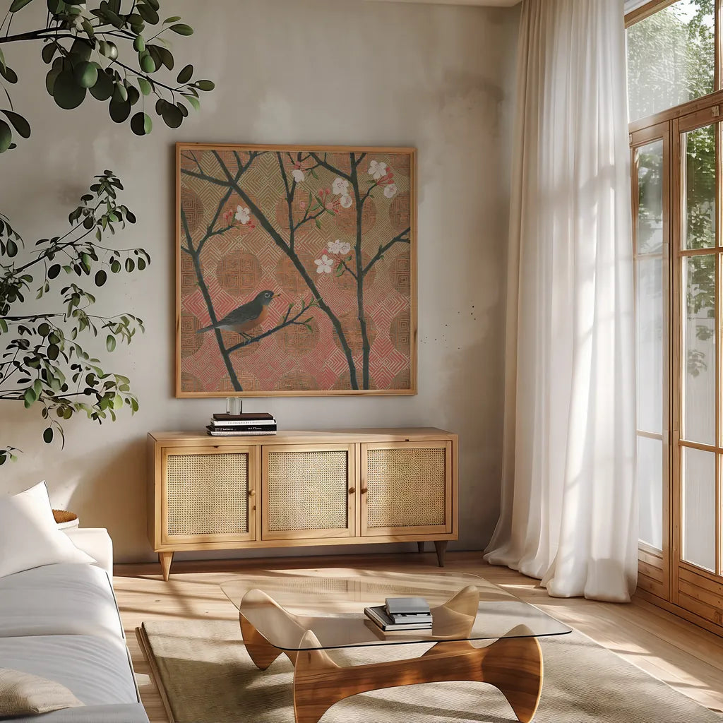 Cherry Blossoms II by Kathrine Lovell. Shown in a natural wood frame in a cozy modern living room. Available as an archival giclee rolled canvas, fine art paper, or poster print. SKU 24339a.